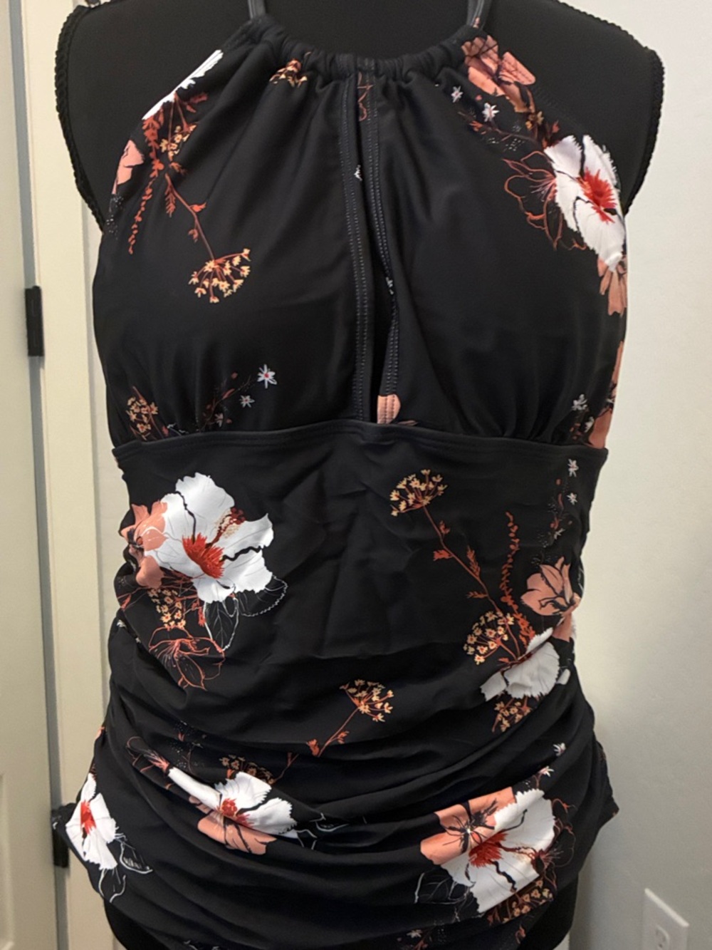 Floral Halter Ruched swimsuit - Black with Coral & White Flowers